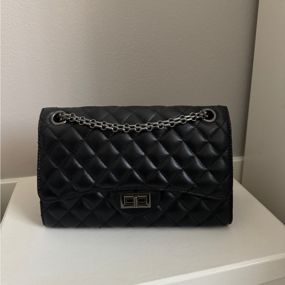 Quilted black faux leather chain strap bag